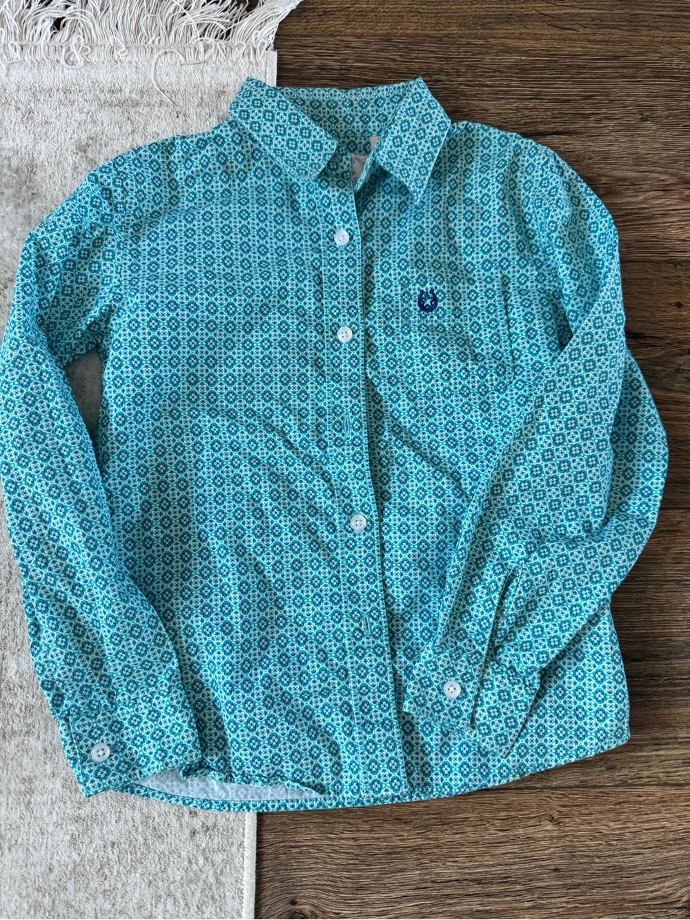 NWOT Girls Teal Geometric Long-Sleeve Button-Down Western Shirt